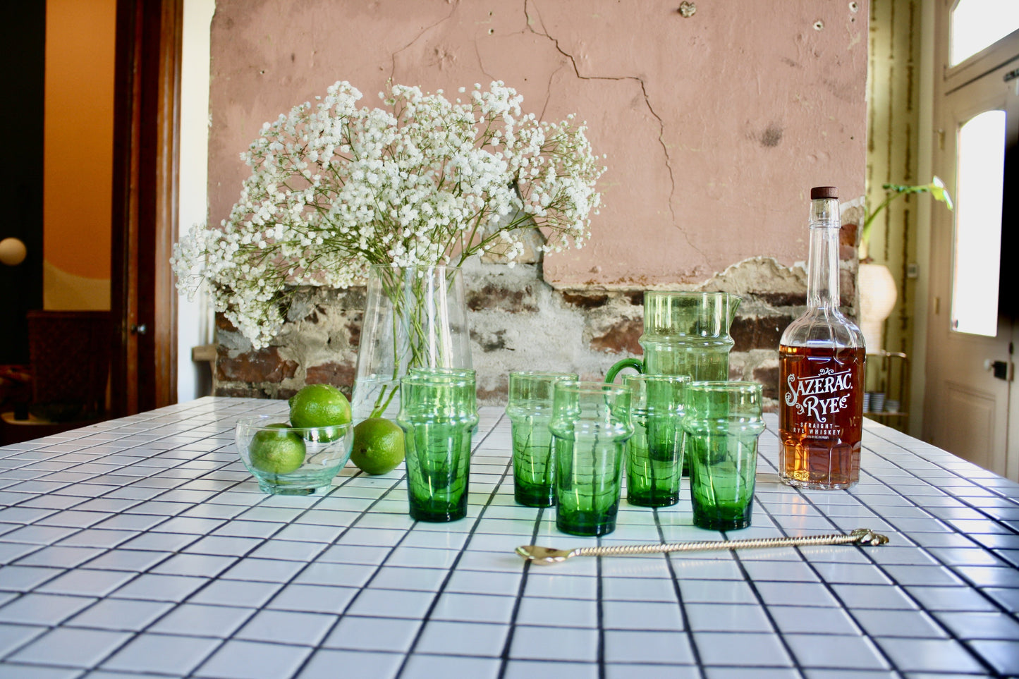Set of 6 green handblown glasses handmade in Morocco from recycled glass by artisans using traditional techniques since 1946.