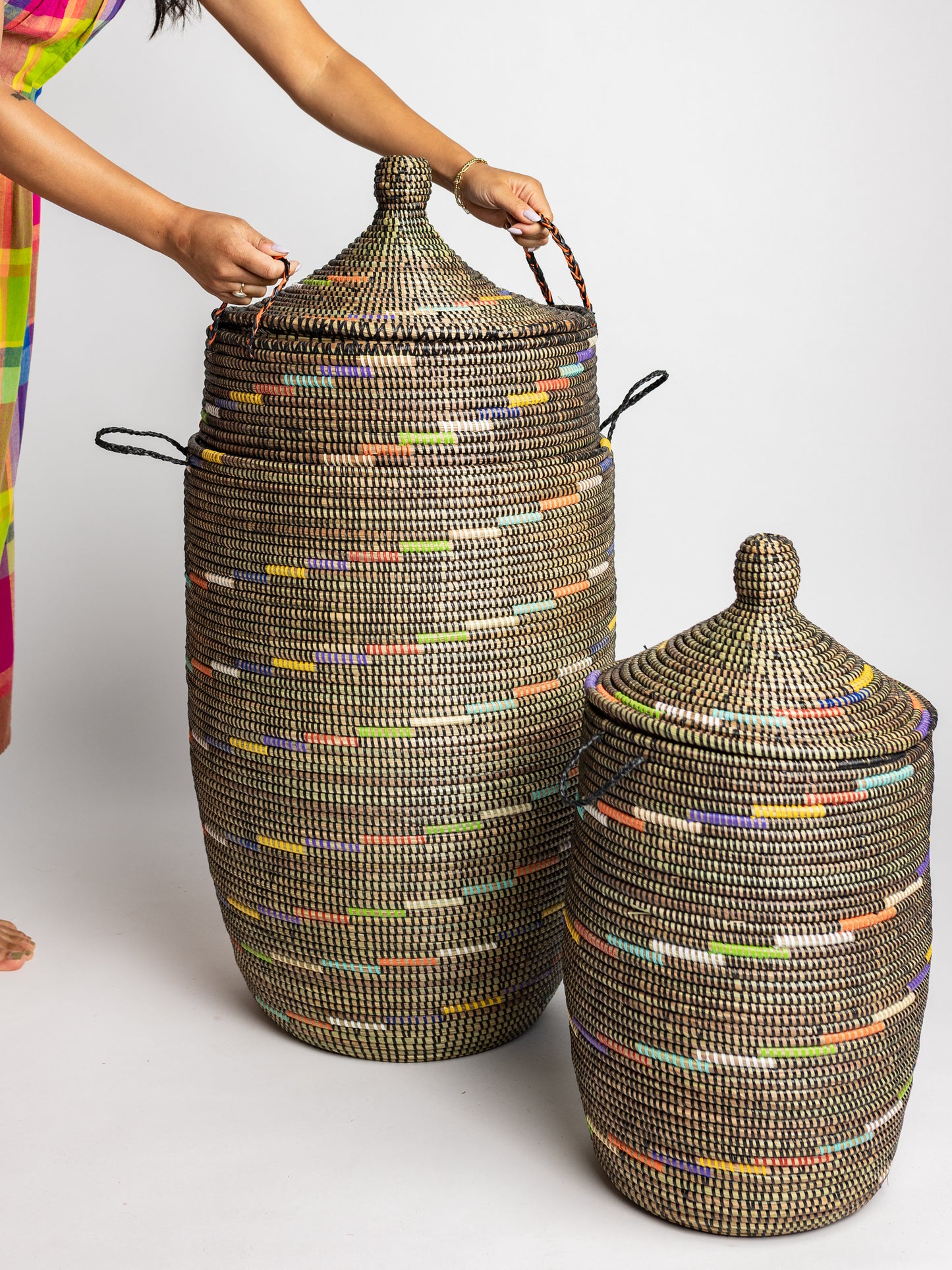 Basket - handwoven in West Africa with stripes, perfect for storage